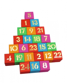 Adventskalender pink/rot/blau/grün/orange, Karton mit goldenen Zahlen für 24 Trüffel/Pralinen von ca. 3,5cm, Tannenform